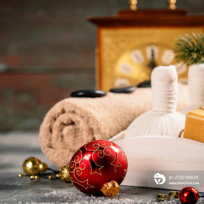 Spa composition with Christmas decoration. Holiday SPA treatment