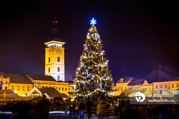 Christmas tree on old town square in Ceske Budejovice at Christmas time. Night.