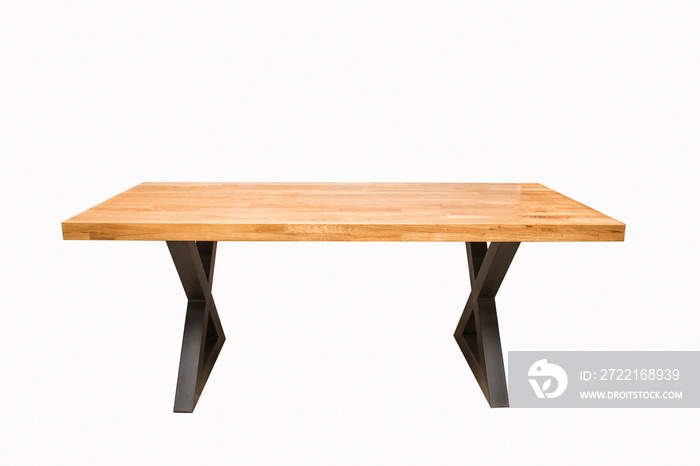 wooden table with black metal legs on white background