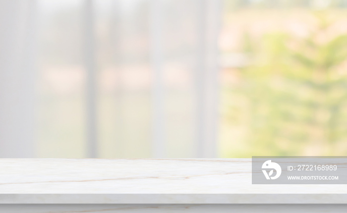 Empty marble table top with blur window curtain background