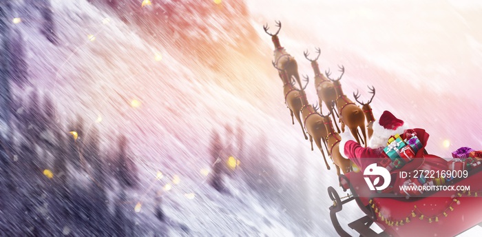 Composite image of high angle view of santa claus riding on sled