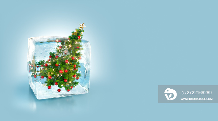 Beautiful Decorated Christmas tree inside ice cube.