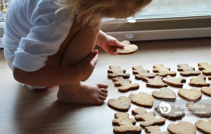 Little girl holds a handmade gingerbread in form of heart. Different shapes of christmas cookies on 