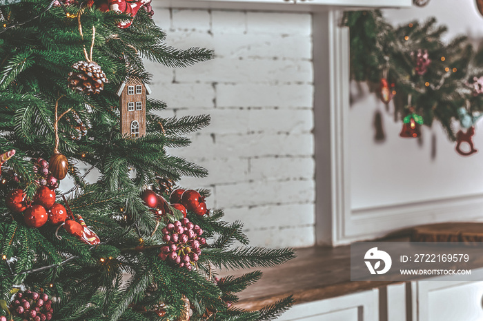 Christmas tree in Christmas living room. Beautiful New Year decorated classic home interior. Winter 