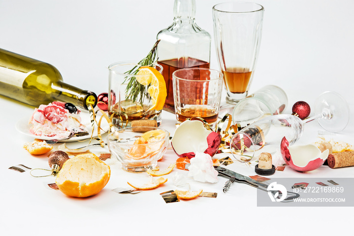 The morning after christmas day, table with alcohol and leftovers