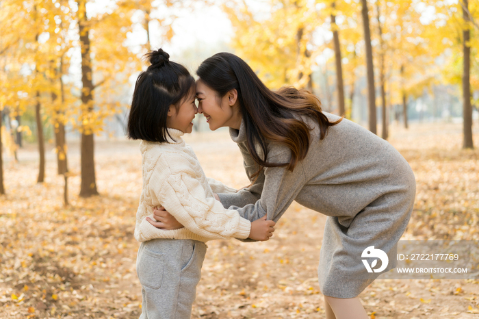 母女二人秋游漫步银杏林