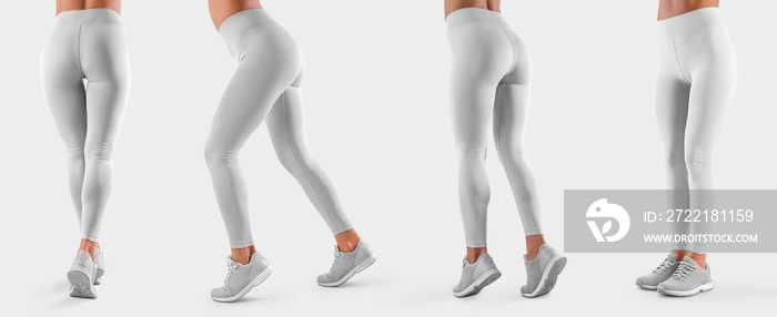 Mockup of women’s white leggings on a fit girl, sweatpants front, side, back, for presentation of design and advertising in the online store.