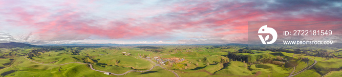 Beaufitul hills of New Zealand on a sunny winter day, aerial panorama