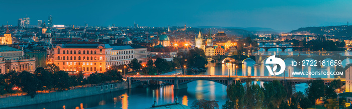 Prague, Czech Republic. Panoramic View Of Prague Cityscape Skyline During Twilight Dusk Evening Night Time. Famous Beautiful Travel Destination