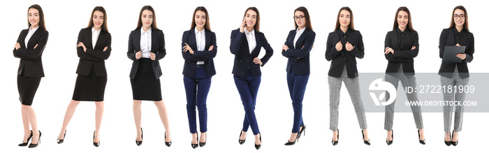 Set with young woman in stylish suits on white background