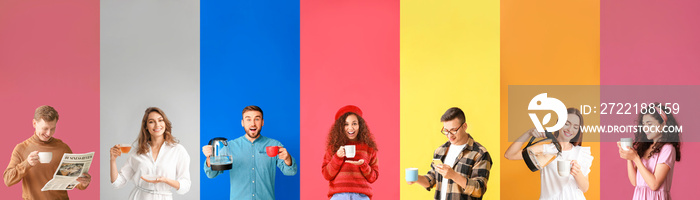 Set of people drinking hot black tea on colorful background