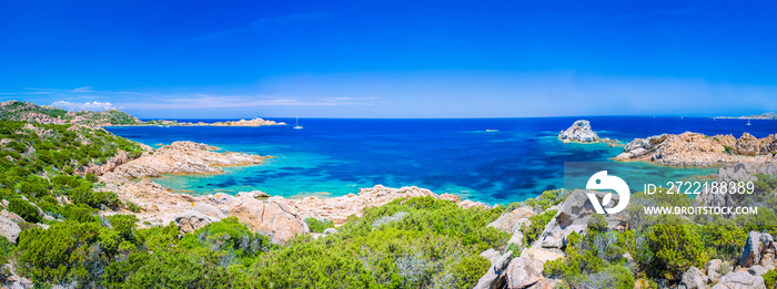 Pure clear azure sea water and amazing rocks on coast of Maddalena island, Sardinia, Italy