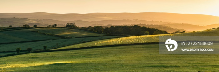 Sunset over fields in Berry Pomeroy Village, Devon, England, Europe