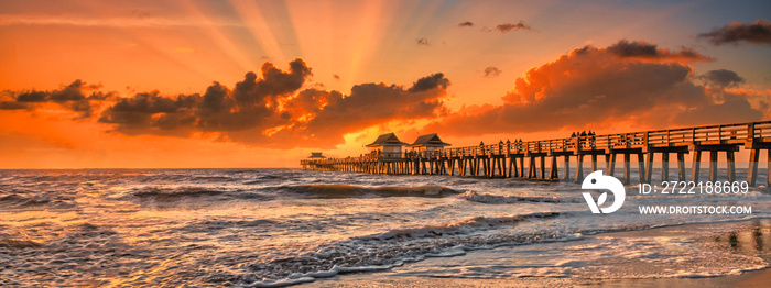 Sunset panorama on the pier, Florida - naples pier and travel concept.