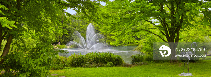 Beautiful spa park in Bad Wörishofen with a large fountain, Germany, Bavaria.