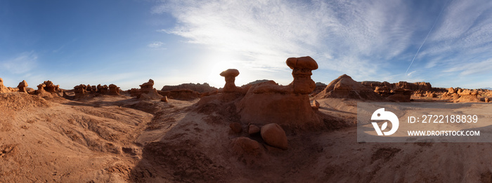 Red Rock Formations in Desert at Sunny Sunrise. Spring Season. Goblin Valley State Park. Utah, United States. Nature Background Panorama