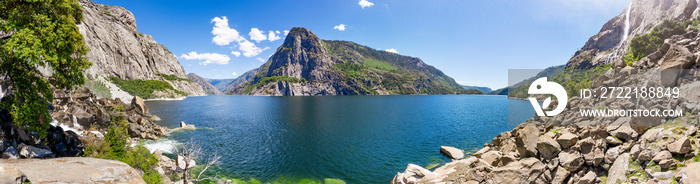 Panoramic view of Hetch Hetchy reservoir; Yosemite National Park, Sierra Nevada mountains, California; the reservoir is one of the main sources of drinking water for the San Francisco bay area