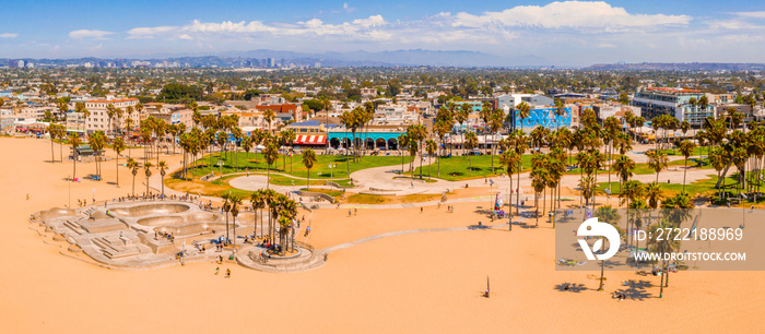 Aerial view of the skate park in Venice Beach, CA on a beautiful sunny day.