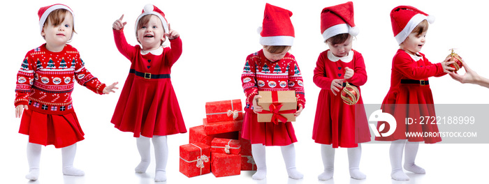 Set small girl kid christmas new year happiness smiling on white background isolation