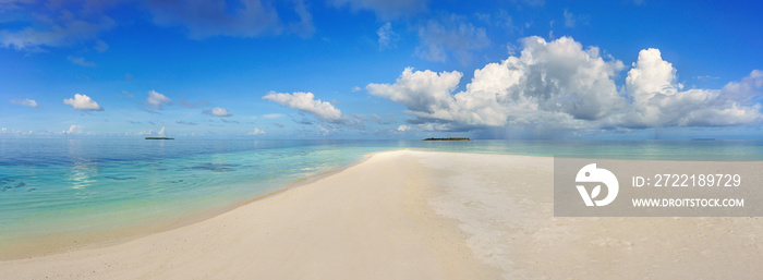 Panorama of wide sandy beach on a tropical island in Maldives