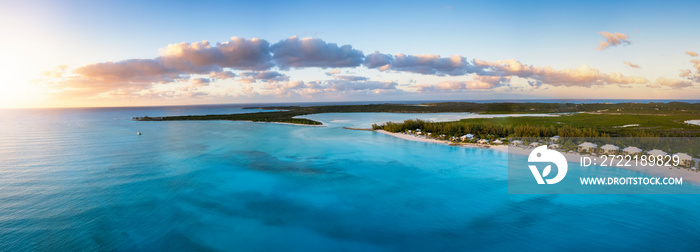 Aerial view of the beautiful Cape Santa Maria Beach, Long island, Caribbean, Bahamas during sunset time