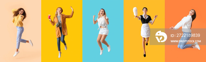 Collage of happy jumping women on color background