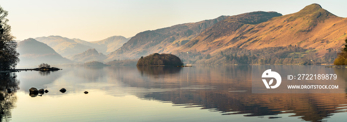 Derwentwater lake panorama with reflections in Lake District, Cumbria. England