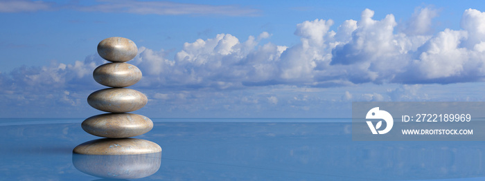 Zen stones row from large to small  in water with blue sky. 3d illustration