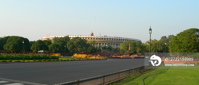 Indian Parliament building complex and adjacent landscaped park in New Delhi, India