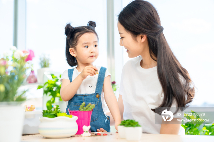 快乐的母女俩在家种植盆栽