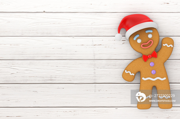 Happy New Year Concept. Gingerbread Man Cookie in Santa Claus Hat. 3d Rendering