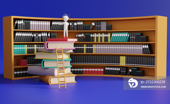 Stick man with book shelves in library ,education and learning concept ,3d illustration or 3d render