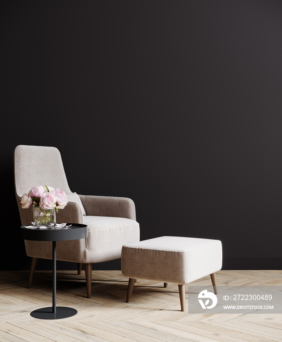 Dark living room interior mockup with empty black wall, pink armchair and flowers.  3d render