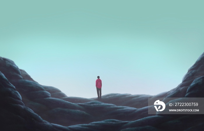 Man alone on rock, lonely, depression, sad, surreal painting illustration, artwork