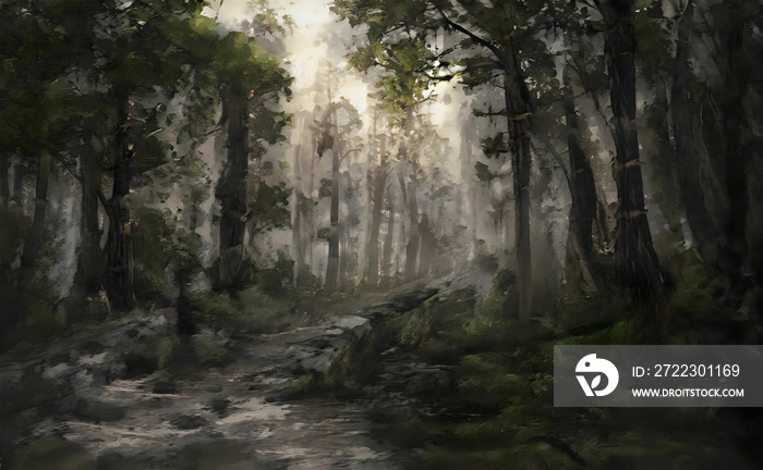 an artistic painting of trees and bushes in a dark forest