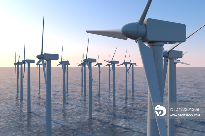 Wind turbines above sea level. Stores energy in the wind. 3D illustration