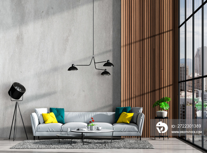 Interior living room concrete wall and landscape. 3D render
