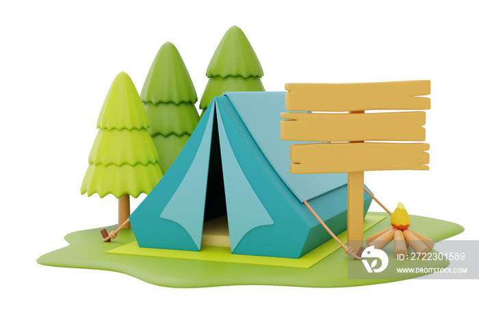 露营地带木制路标的旅游露营帐篷和篝火，夏令营概念，3d rende