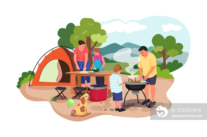 Happy family at a picnic is preparing a barbecue grill outdoors