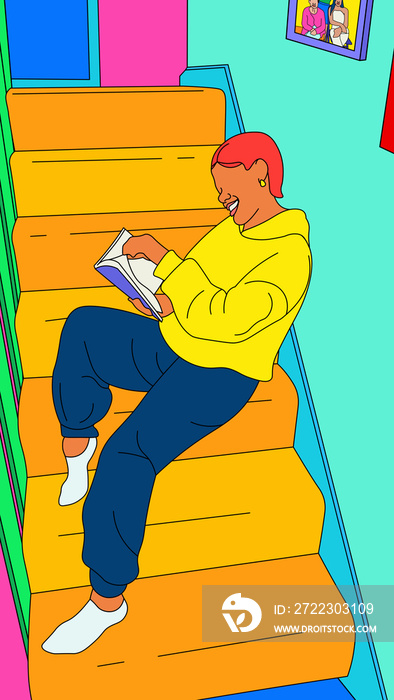 Girl with short hair sitting on the stairs reading a book