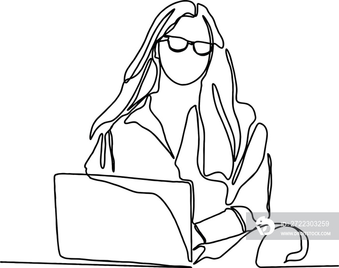 Woman Working Laptop Continuous One Line Drawing. Businesswoman and Laptop Outline Drawing Line Art.