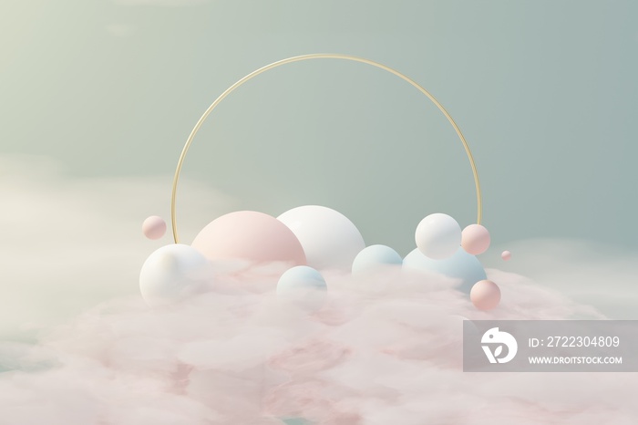 粉彩球、肥皂泡、漂浮在空中的水滴以及蓬松的云和海洋的3d渲染