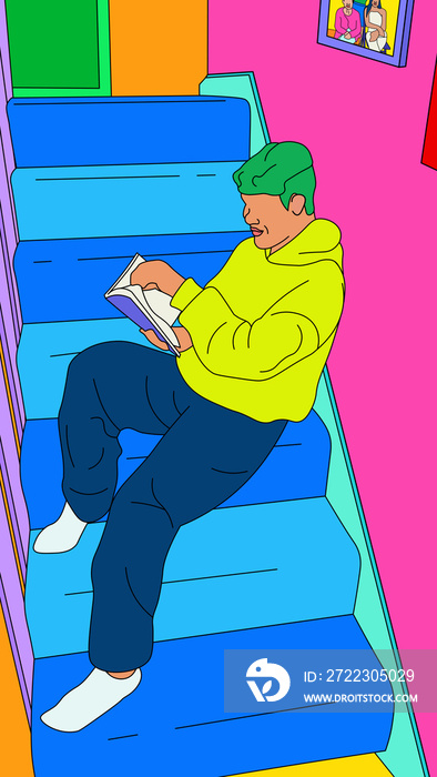 Boy with wavy hair sitting on the stairs reading a book