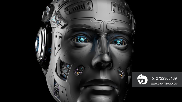 3D渲染黑色背景下的未来主义机器人头