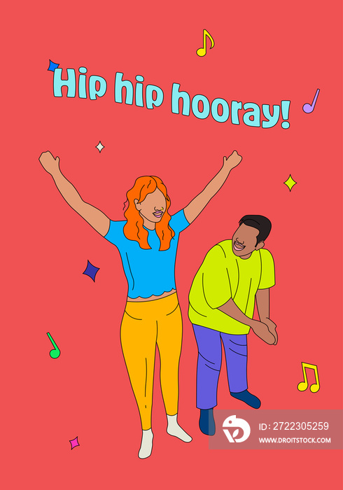 Greeting card style illustration of two people playing Filipino game, hip hip hooray, with music not