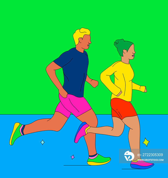 Girl and boy running together on a two-tone background (1)