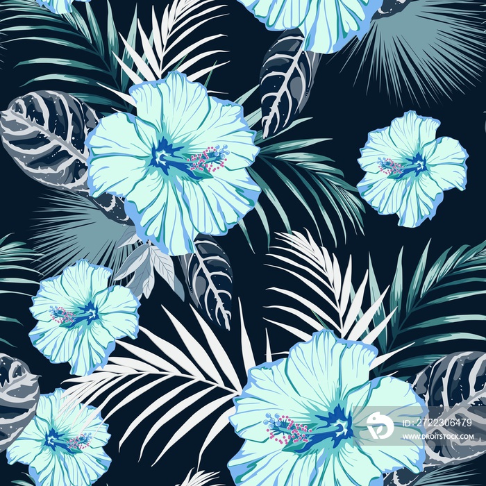Seamless fashionable abstract graphical hand drawing blue hibiscus flowers and exotic leaves, print 