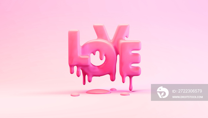 3d rendering illustration of melting word love with drops in bright pink plastic studio. Valentines 