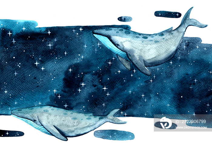 鲸鱼在星空中游动，水彩手绘背景。