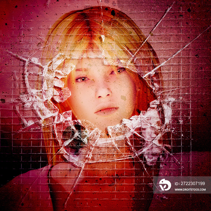 Scared woman looking through hole in broken window,. Broken glass and dirt cover parts of her face.